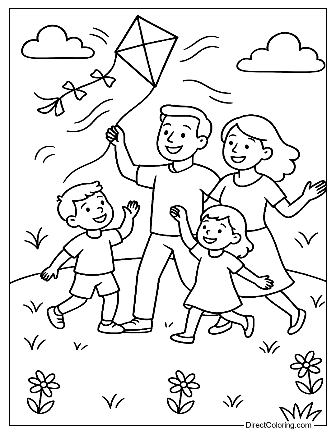 coloring page A family of people flying kites on the hill, with green grass, wind and smiles
